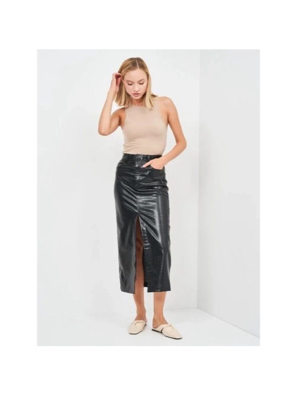 Zara Black Crocodile Faux Leather Midi Skirt Front Slit Sz M - Picture 1 of 9